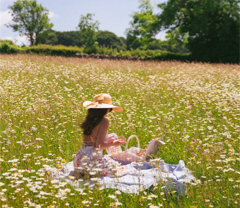 Girl having a picnic in Spring flower field.