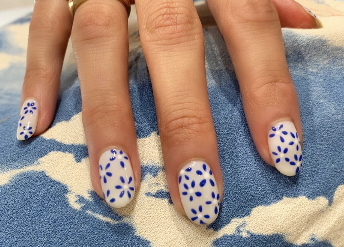 blue and white floral nails