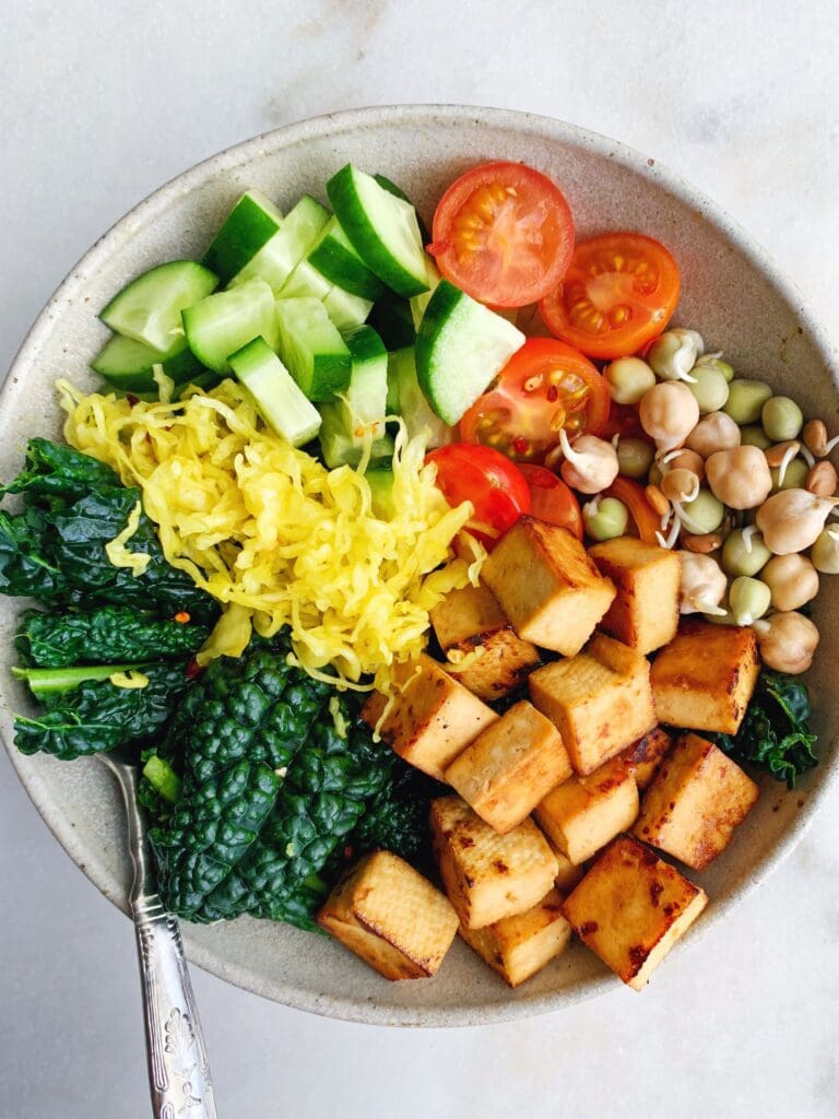 Rainbow Tofu Vegetable Bowl made with Aussie sprouts.