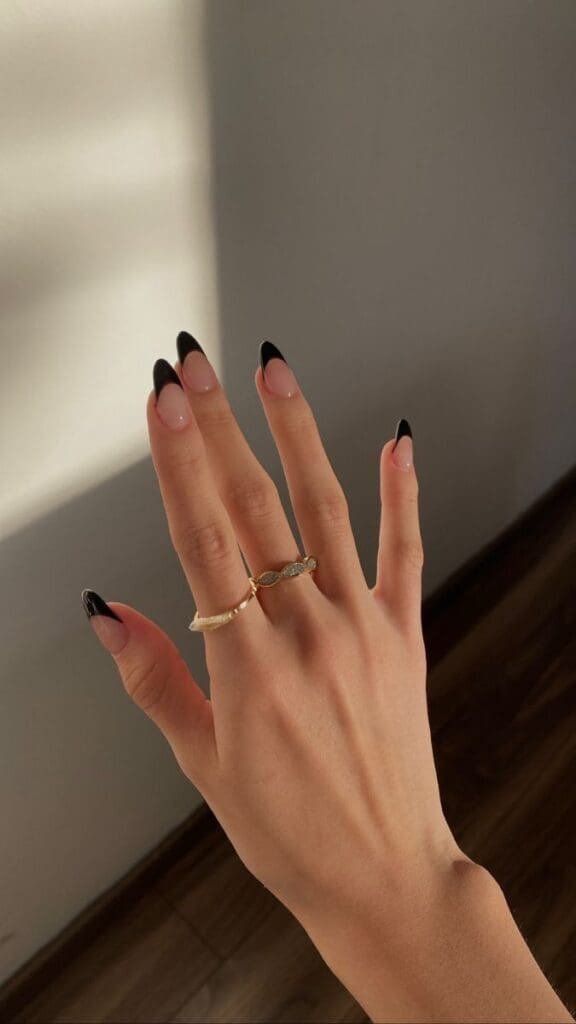 Nails that are painted clear and then black on the end of the fingernails